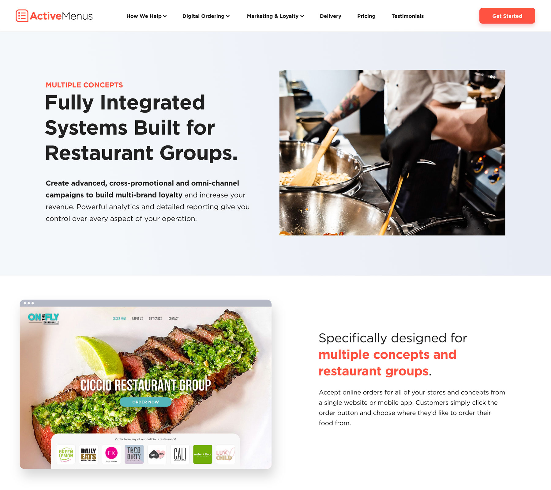 ActiveMenus website design - desktop - restaurant group customer