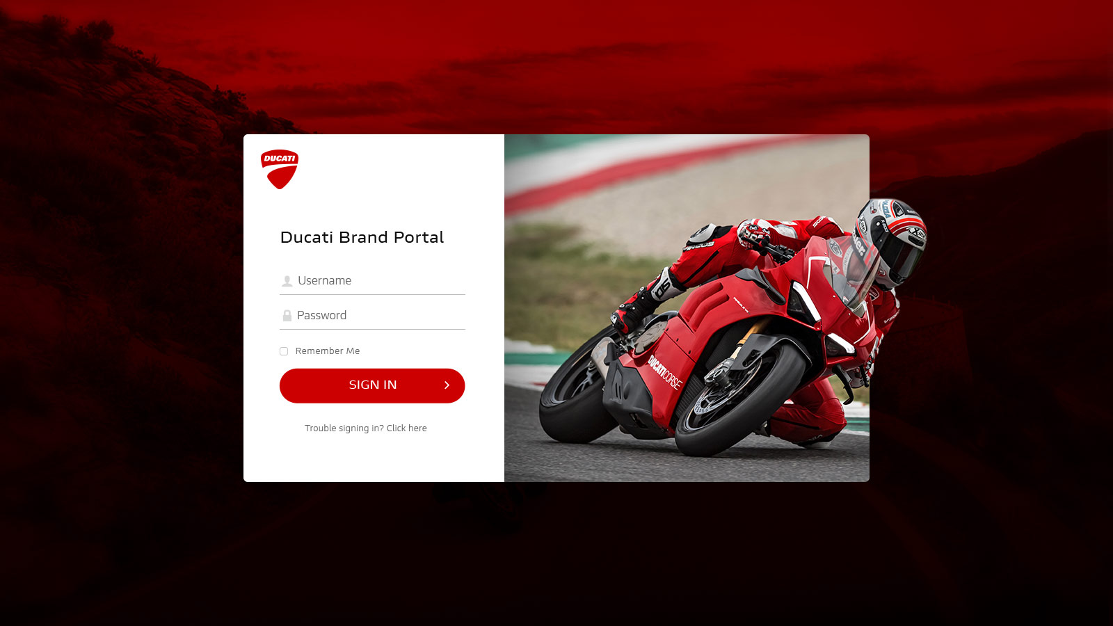 Ducati Brand Portal Custom Login Screen