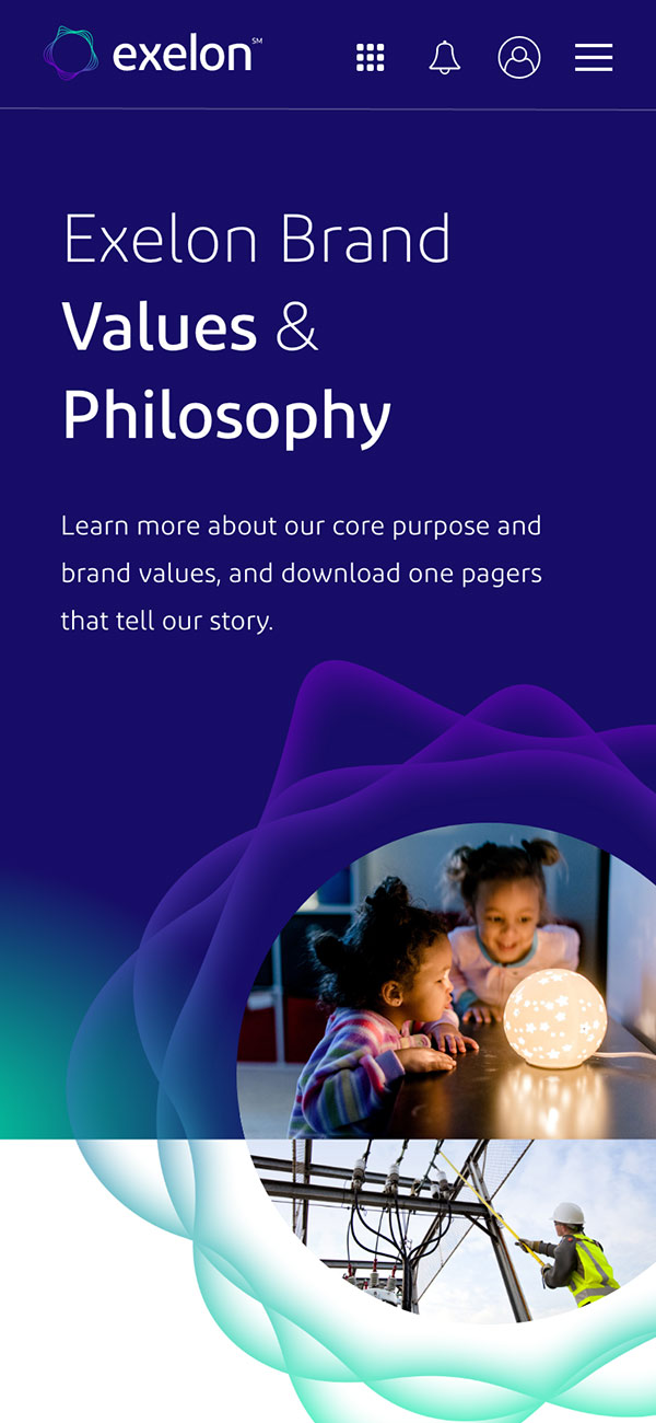 Mobile design of the Exelon brand values page
